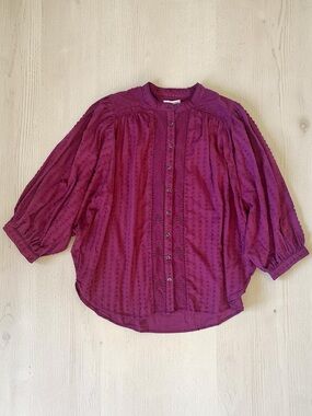 Pilcro Deep Plum Button-Front Blouse Batwing Sleeves Size L 100% Cotton